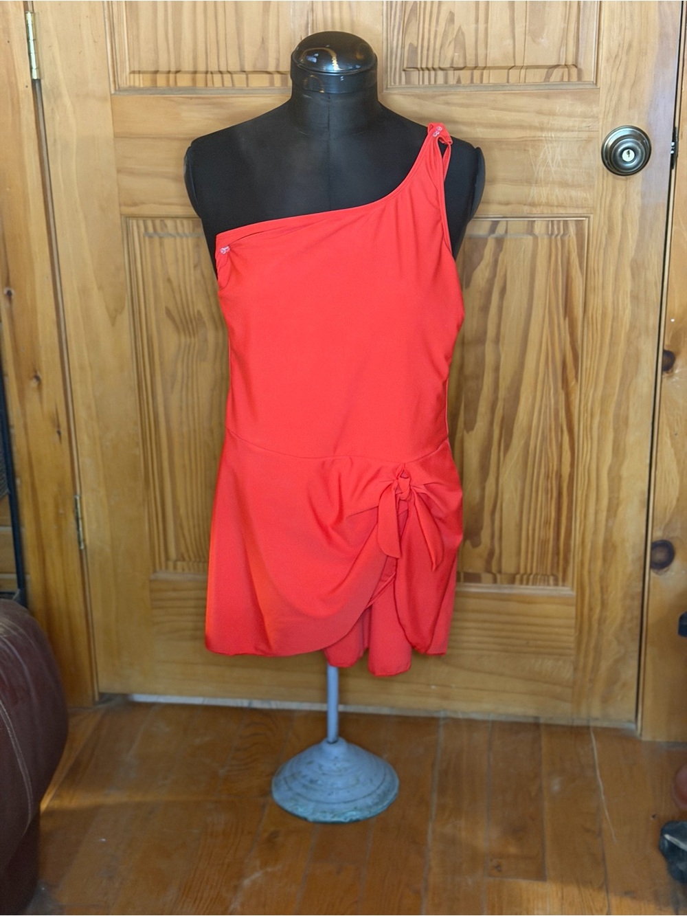 One-Shoulder Red Swim One-Piece with Side Tie